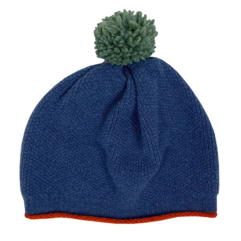 denim blue pom pom hat with orange trim and azure blue pom